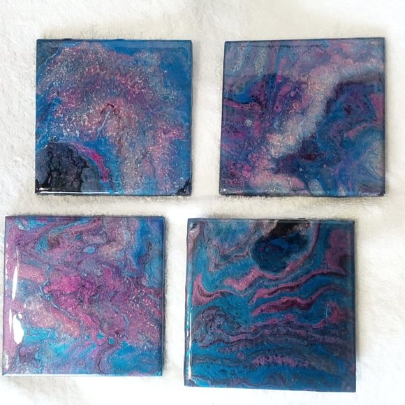 Hand Crafted Painted Tile Coasters Metallic Acrylic Fluid Art Painting Set … - Picture 1 of 6